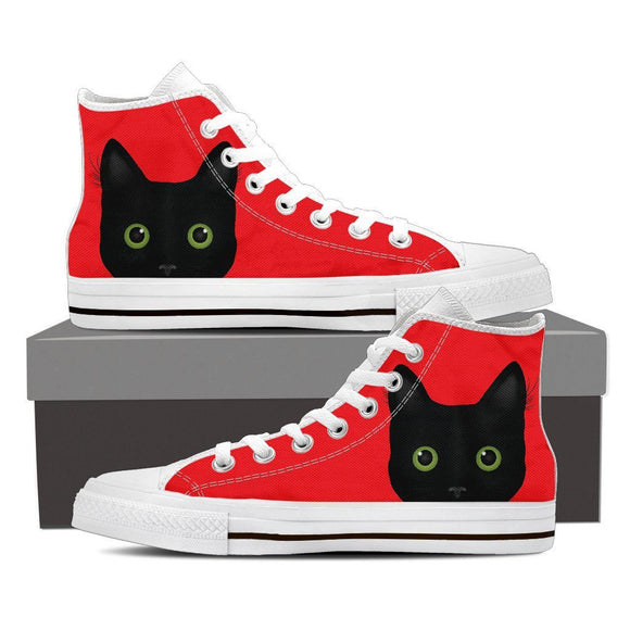 Black Cat with Green Eyes Ladies high top sneakers red