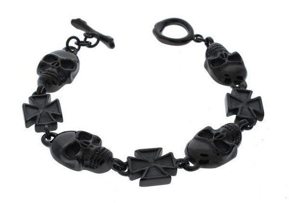 BLACK SKULL AND CROSS BRACELET - 8.5 INCH