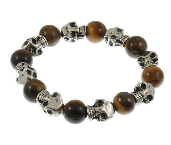 BROWN BEADS AND SKULLS BRACELET - 7 INCH