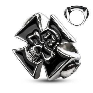 STAINLESS STEEL LUCKY 13 SKULL IRON CROSS RING