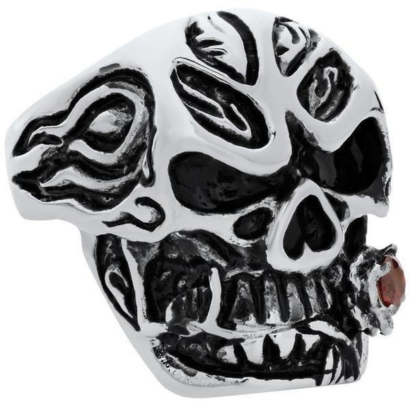 STAINLESS STEEL RED ROSE CZ SKULL RING