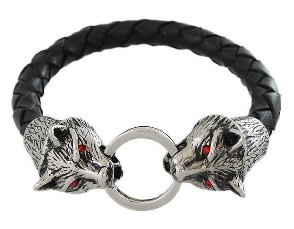 STAINLESS STEEL RED RHINESTONE EYES WOLF CLASP BLACK LEATHER BRACELET