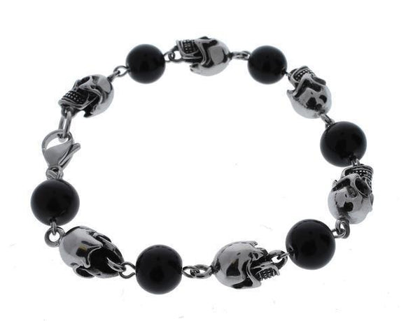 STAINLESS STEEL SKULL AND BLACK BEADS BRACELET - 8 INCHES
