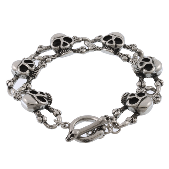 STAINLESS STEEL SKULL AND BONES BRACELET - 7 INCHES